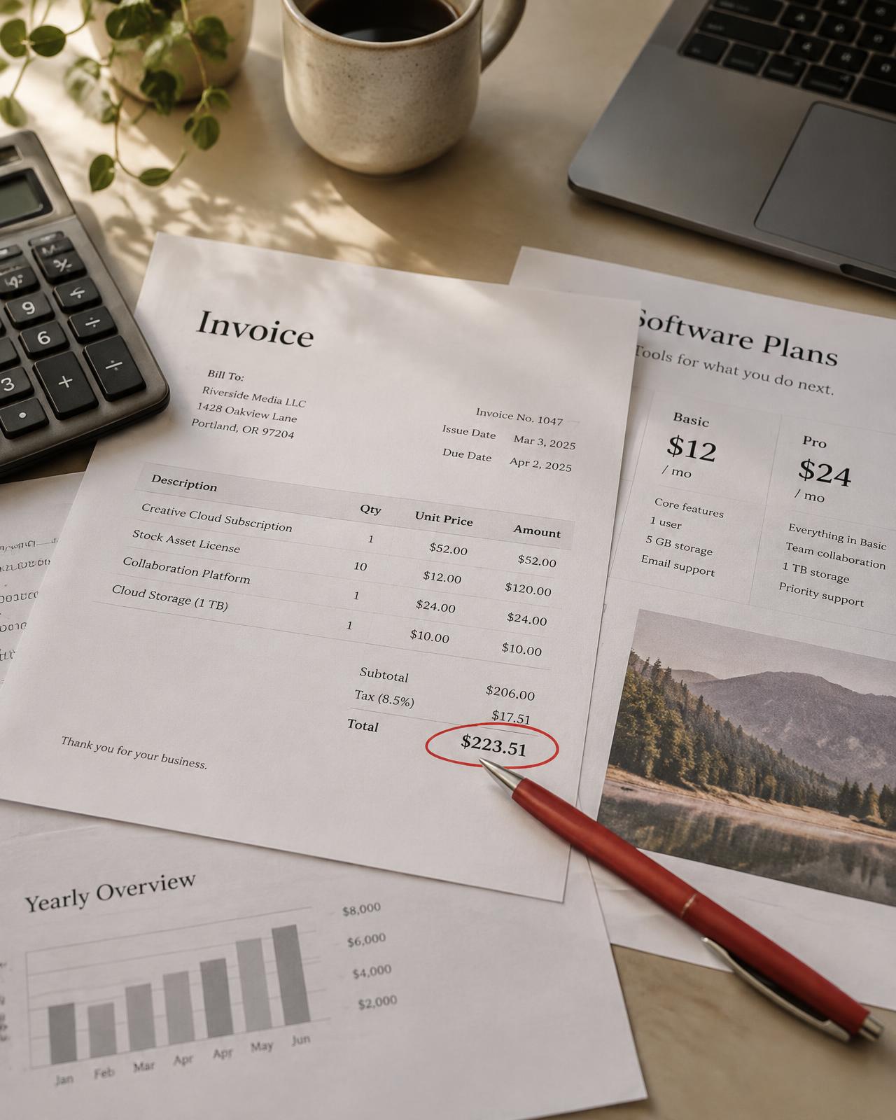 Software invoices and pricing sheets with a total circled in red pen